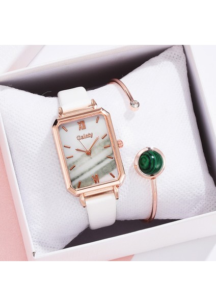 Pembe 2 Adet/takım Moda Yeşil Kare Kadran Deri Kemer Kuvars Saat Bayanlar Kol Saati Kadın Zarif Bilezik Saat Seti Reloj Mujer (Yurt Dışından)