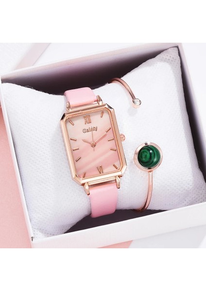 Pembe 2 Adet/takım Moda Yeşil Kare Kadran Deri Kemer Kuvars Saat Bayanlar Kol Saati Kadın Zarif Bilezik Saat Seti Reloj Mujer (Yurt Dışından)