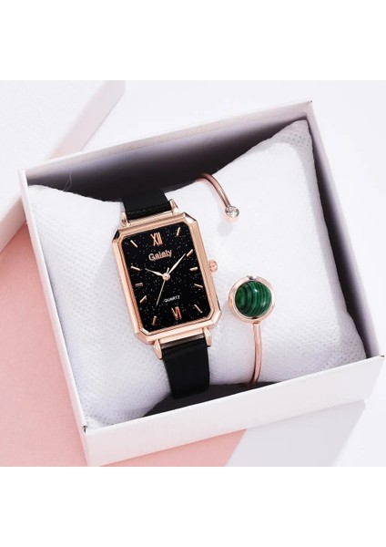 Pembe 2 Adet/takım Moda Yeşil Kare Kadran Deri Kemer Kuvars Saat Bayanlar Kol Saati Kadın Zarif Bilezik Saat Seti Reloj Mujer (Yurt Dışından)