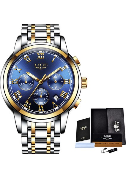 Altın Mavi S Lıge Chronograph Quartz Saat Erkekler Için Spor Su Geçirmez Tarih Lüks Deri Izle Analog Saat Erkek Saatler Iş Kol Saati (Yurt Dışından)