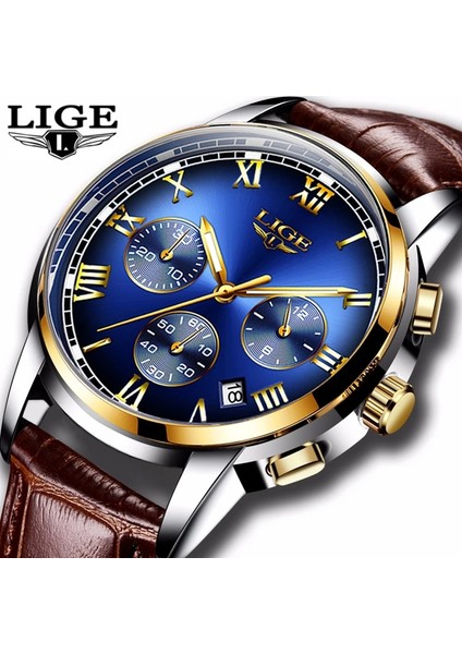 Altın Mavi S Lıge Chronograph Quartz Saat Erkekler Için Spor Su Geçirmez Tarih Lüks Deri Izle Analog Saat Erkek Saatler Iş Kol Saati (Yurt Dışından)