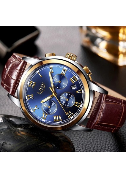 Altın Mavi S Lıge Chronograph Quartz Saat Erkekler Için Spor Su Geçirmez Tarih Lüks Deri Izle Analog Saat Erkek Saatler Iş Kol Saati (Yurt Dışından)