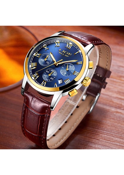 Altın Mavi S Lıge Chronograph Quartz Saat Erkekler Için Spor Su Geçirmez Tarih Lüks Deri Izle Analog Saat Erkek Saatler Iş Kol Saati (Yurt Dışından)