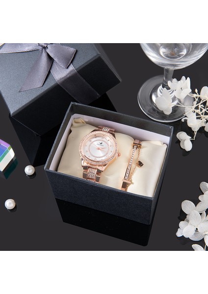 Gül Altın Beyaz 2021 Yeni Tasarımlar Kadınlar Için Lüks Bilezik Saat Seti 2 Adet Bayanlar Kuvars Kol Saati Moda Titanyum Bilezik Saat Hediye Seti (Yurt Dışından)