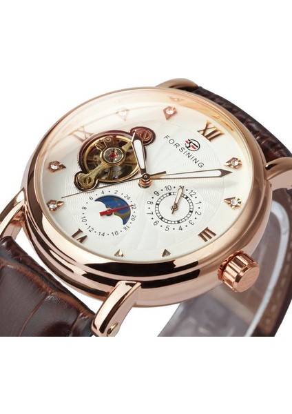 Rg Beyaz Forsining Eğlence Trendy Buzlu Out Izle Erkekler Için Lüks Mekanik Deri Kayış Ay Fazı Aydınlık Işaretçiler Tourbillion Unisex (Yurt Dışından)