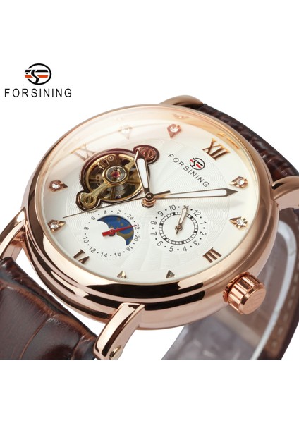 Rg Beyaz Forsining Eğlence Trendy Buzlu Out Izle Erkekler Için Lüks Mekanik Deri Kayış Ay Fazı Aydınlık Işaretçiler Tourbillion Unisex (Yurt Dışından)