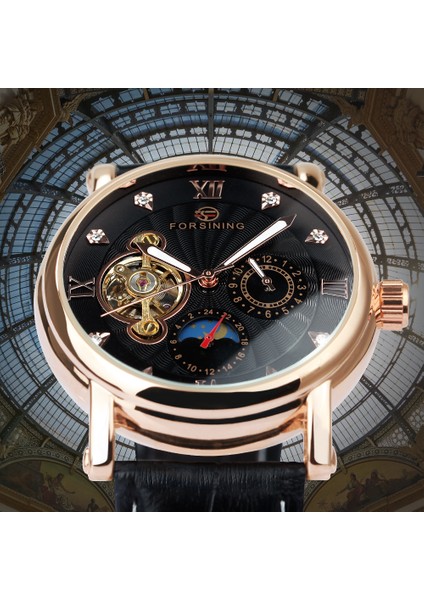 Rg Beyaz Forsining Eğlence Trendy Buzlu Out Izle Erkekler Için Lüks Mekanik Deri Kayış Ay Fazı Aydınlık Işaretçiler Tourbillion Unisex (Yurt Dışından)