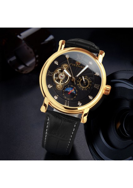 Rg Beyaz Forsining Eğlence Trendy Buzlu Out Izle Erkekler Için Lüks Mekanik Deri Kayış Ay Fazı Aydınlık Işaretçiler Tourbillion Unisex (Yurt Dışından)