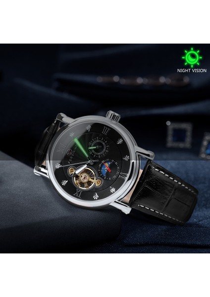 Rg Beyaz Forsining Eğlence Trendy Buzlu Out Izle Erkekler Için Lüks Mekanik Deri Kayış Ay Fazı Aydınlık Işaretçiler Tourbillion Unisex (Yurt Dışından)