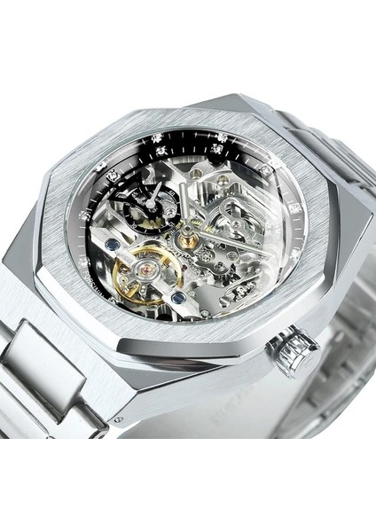 Gümüş-Siyah Forsining Gümüş Otomatik Saat 3D Elmas Kadran Düzensiz Mekanik Kol Saatleri Aydınlık Işaretçiler Tourbillon Saat (Yurt Dışından)