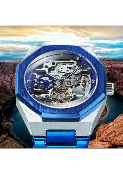 Gümüş-Siyah Forsining Gümüş Otomatik Saat 3D Elmas Kadran Düzensiz Mekanik Kol Saatleri Aydınlık Işaretçiler Tourbillon Saat (Yurt Dışından) fiyatları