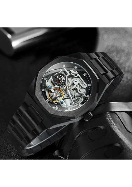 Gümüş-Siyah Forsining Gümüş Otomatik Saat 3D Elmas Kadran Düzensiz Mekanik Kol Saatleri Aydınlık Işaretçiler Tourbillon Saat (Yurt Dışından) modelleri