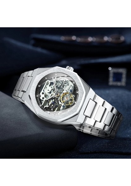 Gümüş-Siyah Forsining Gümüş Otomatik Saat 3D Elmas Kadran Düzensiz Mekanik Kol Saatleri Aydınlık Işaretçiler Tourbillon Saat (Yurt Dışından) fırsatları