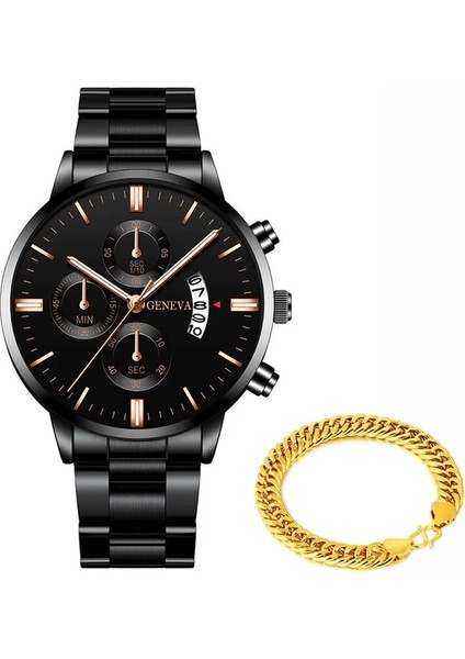 Siyah Gül Altın Set Reloj Hombre Moda Erkekler Paslanmaz Çelik Izle Lüks Takvim Kuvars Kol Saati Adam Için Iş Saatleri Saat Montre Homme (Yurt Dışından)