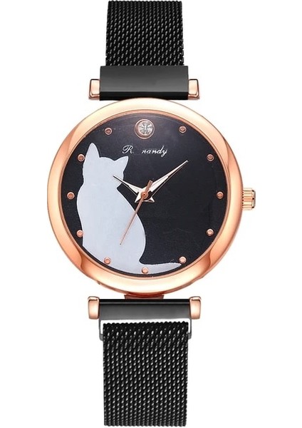 Siyah Saat Dropshipping Bilezik Saat Seti Lüks Mıknatıs Toka Kedi Kadın Saatler Bayanlar Kuvars Kol Saati Kadın Saat Hediye Reloj Mujer (Yurt Dışından)