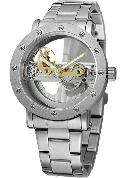 Gümüş Forsınıng Altın Mekanik Saat Dairesel Tırnak Terazisi Çelik Bant Izle Rahat Moda Içi Boş Yatay Erkek Mekanik Saat (Yurt Dışından)