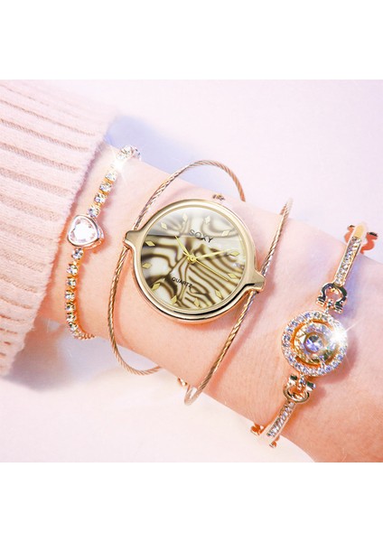 Altın 2 Yeni Çelik Tel Bilezik Saat Setleri Kadın Yıldızlı Gökyüzü Basit Bayanlar Kol Saati 3 Adet Lüks Kadın Saatler Kuvars Saat Reloj Mujer (Yurt Dışından)