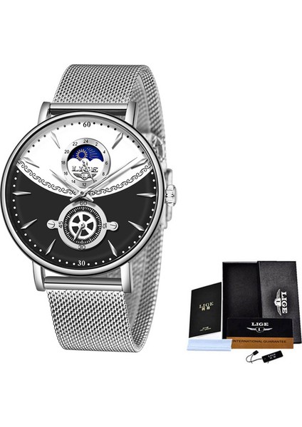 Gümüş Siyah Yeni Erkek Saatler Lıge Üst Marka Lüks Moda Iş Kuvars Izle Erkekler Basit Ay Fazı Su Geçirmez Saat Relogio Masculino (Yurt Dışından)
