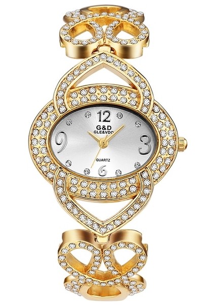 Altın-Beyaz Gd Kadın Moda Rahat Hediye Izle Paslanmaz Çelik Kuvars Izle Bileklik Saat Zaman Tutma (Yurt Dışından)