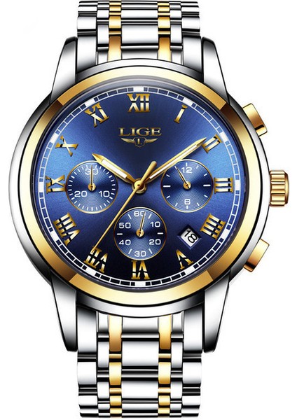 Altın Mavi Çelik 2022 Yeni Saatler Erkekler Lüks Marka Lıge Chronograph Erkekler Spor Saatler Su Geçirmez Tam Çelik Kuvars Erkek Saati Relogio Masculino (Yurt Dışından)