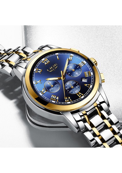 Altın Mavi Çelik 2022 Yeni Saatler Erkekler Lüks Marka Lıge Chronograph Erkekler Spor Saatler Su Geçirmez Tam Çelik Kuvars Erkek Saati Relogio Masculino (Yurt Dışından) fırsatları