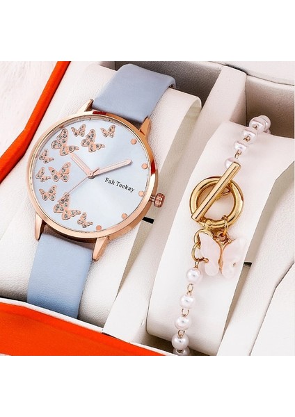 Mavi 1 2 Adet Kadın Bilezik Saat Seti Güzel Pembe Deri Band Kuvars Izle Kadınlar Bayanlar Için Günlük Elbise Saat Kol Saati Reloj Mujer (Yurt Dışından)