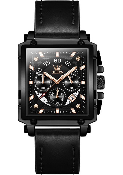 Siyah Olevs Erkekler Kuvars Saatler Chronograph Su Geçirmez Spor Izle Lüks Marka Deri Band Takvim El Saati Erkek Siyah Kadran (Yurt Dışından)