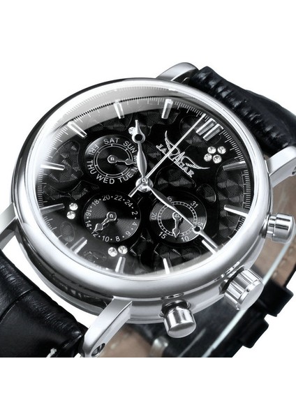 Gümüş Sıyah Otomatik Mekanik Izle Erkekler 2020 Erkek Saatler Top Marka Lüks 3 Alt Kadran 6 Eller Deri Kayış Moda Hediye Jaragar Rolej (Yurt Dışından)