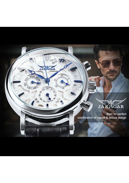 Gümüş Sıyah Otomatik Mekanik Izle Erkekler 2020 Erkek Saatler Top Marka Lüks 3 Alt Kadran 6 Eller Deri Kayış Moda Hediye Jaragar Rolej (Yurt Dışından) fiyatları