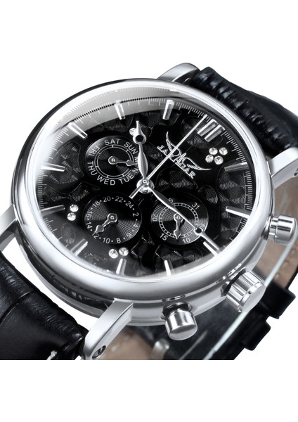 Gümüş Sıyah Otomatik Mekanik Izle Erkekler 2020 Erkek Saatler Top Marka Lüks 3 Alt Kadran 6 Eller Deri Kayış Moda Hediye Jaragar Rolej (Yurt Dışından) fırsatları