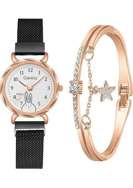 2pcs Mıknatıs Siyah B Gaiety Marka 2ADET Set Gündelik Saat Kadınlar Için Taklidi Bileklik Saat Deri Bayan Bilek Saati Basit Elbise Gfit Montre Femme (Yurt Dışından)