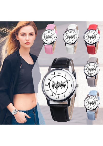 Siyah Kadran Öğrenciler Kol Saati Moda Müzik Notu Analog Yuvarlak Kadran Suni Deri Band Unisex Kuvars Kol Saati Bilezik Saatler (Yurt Dışından) fiyatları