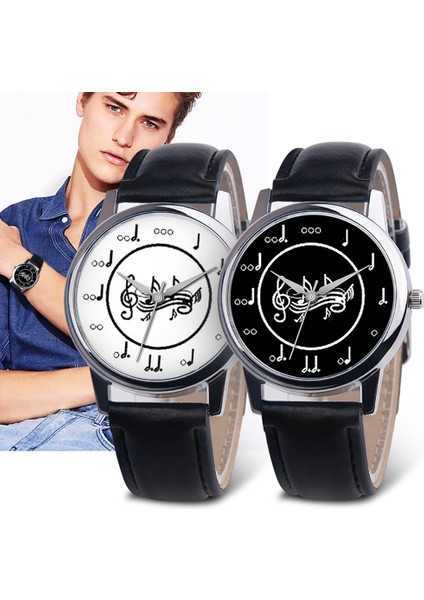 Siyah Kadran Öğrenciler Kol Saati Moda Müzik Notu Analog Yuvarlak Kadran Suni Deri Band Unisex Kuvars Kol Saati Bilezik Saatler (Yurt Dışından) fırsatları
