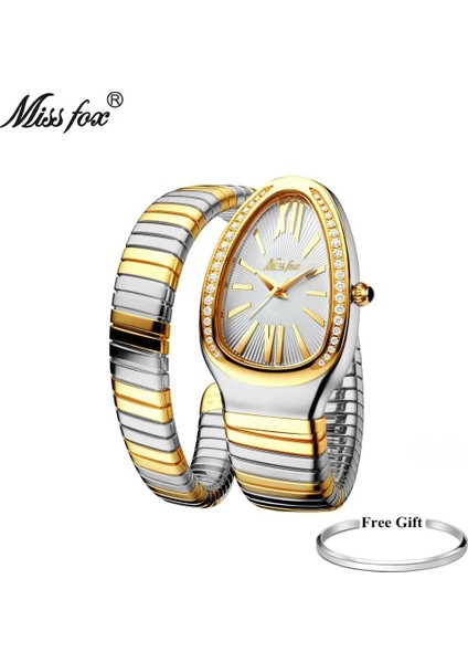 Altın Gümüş Yeşil Relogio Feminino Miss Fox Marka Kadın Bilezik Saatler Bayanlar Lüks Moda Su Geçirmez Altın Yılan Şekli Kuvars Kol Saati Saat (Yurt Dışından)