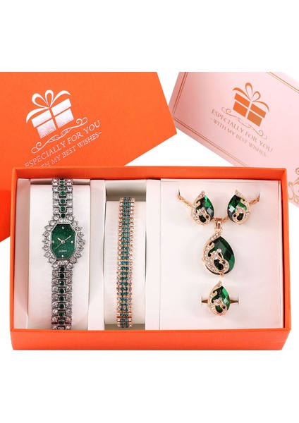 Izle Hediye Seti 07 Kadın Bilezik Saatler Lüks Elmas Kolye Küpe Seti Kız Arkadaşı Için Hediye Moda Zarif Yeşil Kuvars Saatı Reloj (Yurt Dışından)