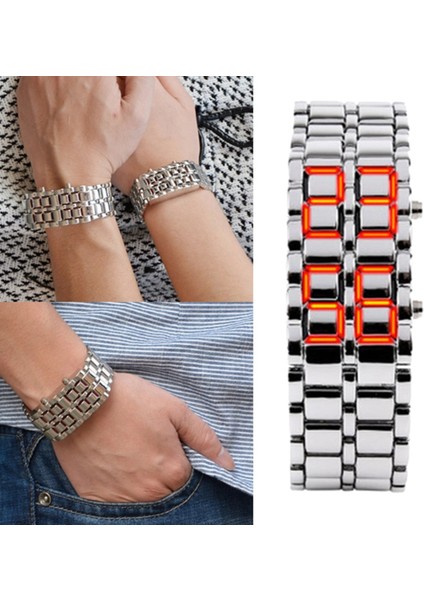 Gümüş Mavi Işık Erkekler LED Saatler Moda Lav Demir Samuray Paslanmaz Çelik Bilezik Dijital Elektronik Saat Erkekler Spor Saatler Reloj Hombre 2022 (Yurt Dışından) indirimleri