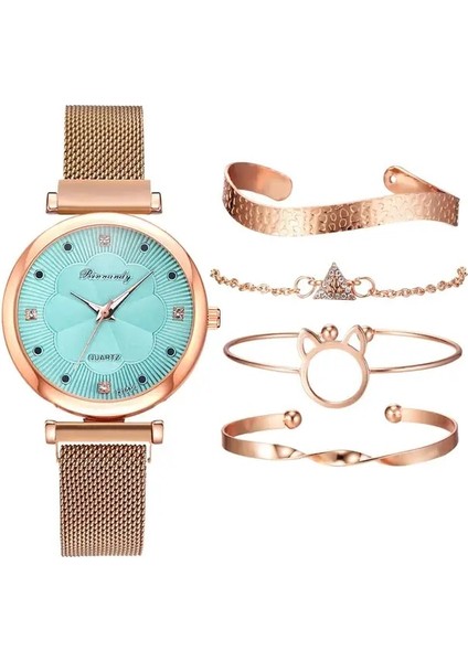 Yeşil Set 2020 Yeni Alaşım Örgü Kayış Bayan Izle Çiçek Kadranı Quartz Saat 5 Parça Set Mıknatıs Toka Rahat Kadın Izle Bilezik Izle (Yurt Dışından)