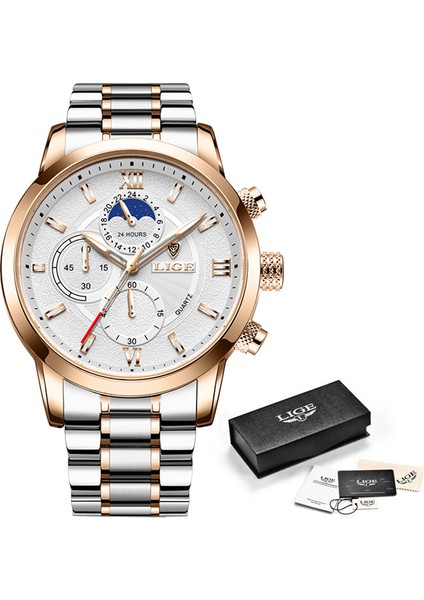 Gül Altın Beyaz Lıge Casual Erkek Saatler Çelik Su Geçirmez Aydınlık Üst Marka Lüks Kuvars Kol Saati Erkekler Için Chronograph Relogios Masculinos (Yurt Dışından)