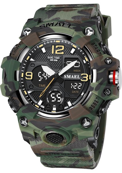 Camo Armygreen Smael Izle Erkekler Için Alarm Spor Kronometre Kamuflaj Ordu Askeri Kol Saati Ikili Zaman Göstergesi Dijital Kuvars Erkek Saatler 8008 (Yurt Dışından)