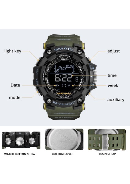 Armygreen Smael Erkek Izle Askeri Suya Dayanıklı Spor Saatler Ordu Büyük Arama LED Dijital Saatı Kronometre Erkek 1802 Saat (Yurt Dışından) fiyatları