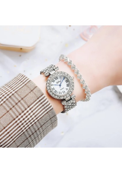 Gümüş C Lüks Kadın Gül Altın Izle Moda Bayanlar Kuvars Elmas Kol Saati Zarif Kadın Bilezik Saatler 2 Adet Set Reloj Mujer (Yurt Dışından)