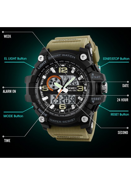 Yeşil Skmeı 1283 Erkek Askeri Çift Zamanlı Ekran Çok Fonksiyonlu Adam Dijital Saatler Erkek Kuvars Analog Su Geçirmez Relogios Masculino (Yurt Dışından) fırsatları
