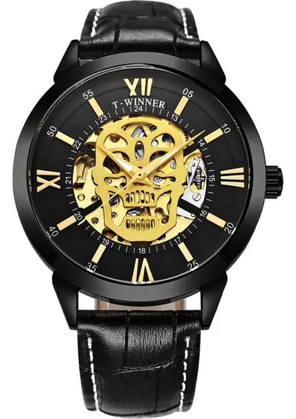 Tüm Sıyah Kazanan Resmi Steampunk Kafatası Izle Erkekler Üst Marka Lüks Otomatik Mekanik Saatler Deri Kayış Rahat Erkek Saat (Yurt Dışından)