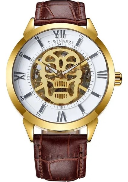 Kahve Altın Beyaz Kazanan Resmi Steampunk Kafatası Izle Erkekler Üst Marka Lüks Otomatik Mekanik Saatler Deri Kayış Rahat Erkek Saat (Yurt Dışından)