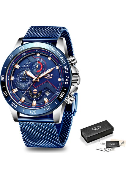 Gümüş Mavi Lıge Benzersiz Tasarım Erkekler Izle Lüks Moda Su Geçirmez Erkek Saatleri Chronograph Aydınlık Paslanmaz Çelik Iş Kol Saati (Yurt Dışından)