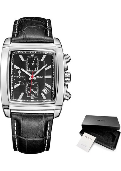 Kara Kutu Megir Dikdörtgen Kadran Deri Kayış Izle Erkekler Için Rahat Mavi Kronograf Kuvars Saatler Erkek Kol Saati Montre Reloj Часы Мужские (Yurt Dışından)