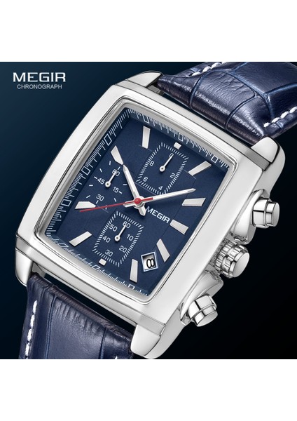 Kara Kutu Megir Dikdörtgen Kadran Deri Kayış Izle Erkekler Için Rahat Mavi Kronograf Kuvars Saatler Erkek Kol Saati Montre Reloj Часы Мужские (Yurt Dışından)