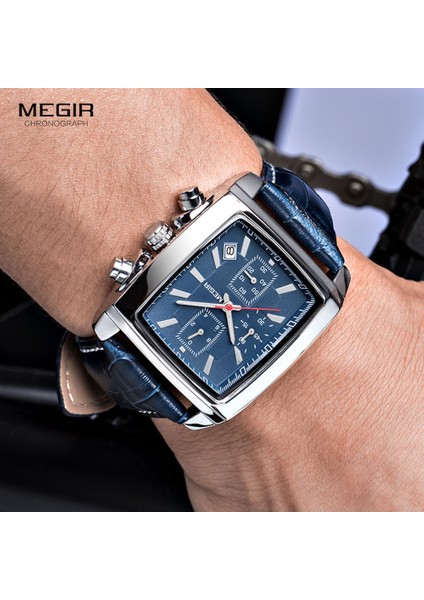 Kara Kutu Megir Dikdörtgen Kadran Deri Kayış Izle Erkekler Için Rahat Mavi Kronograf Kuvars Saatler Erkek Kol Saati Montre Reloj Часы Мужские (Yurt Dışından)