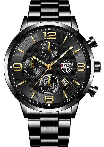Çelik Siyah Altın Lüks Erkek Paslanmaz Çelik Saatler Moda Erkek Iş Deri Kuvars Izle Adam Takvim Tarihi Aydınlık Saat Relogio Masculino (Yurt Dışından)