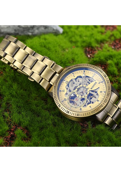 T3 Kazanan Erkek Saatler Otomatik Mekanik Askeri Spor Steampunk Bakır Çelik Kayış Erkek Kol Saatleri Iş Hediye (Yurt Dışından) fiyatları